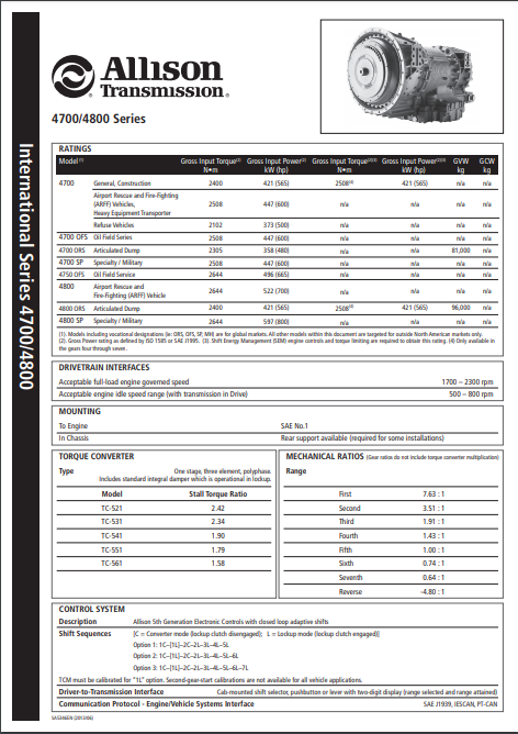 4000 Series Transmissions Specification Sheet (4700/4800)